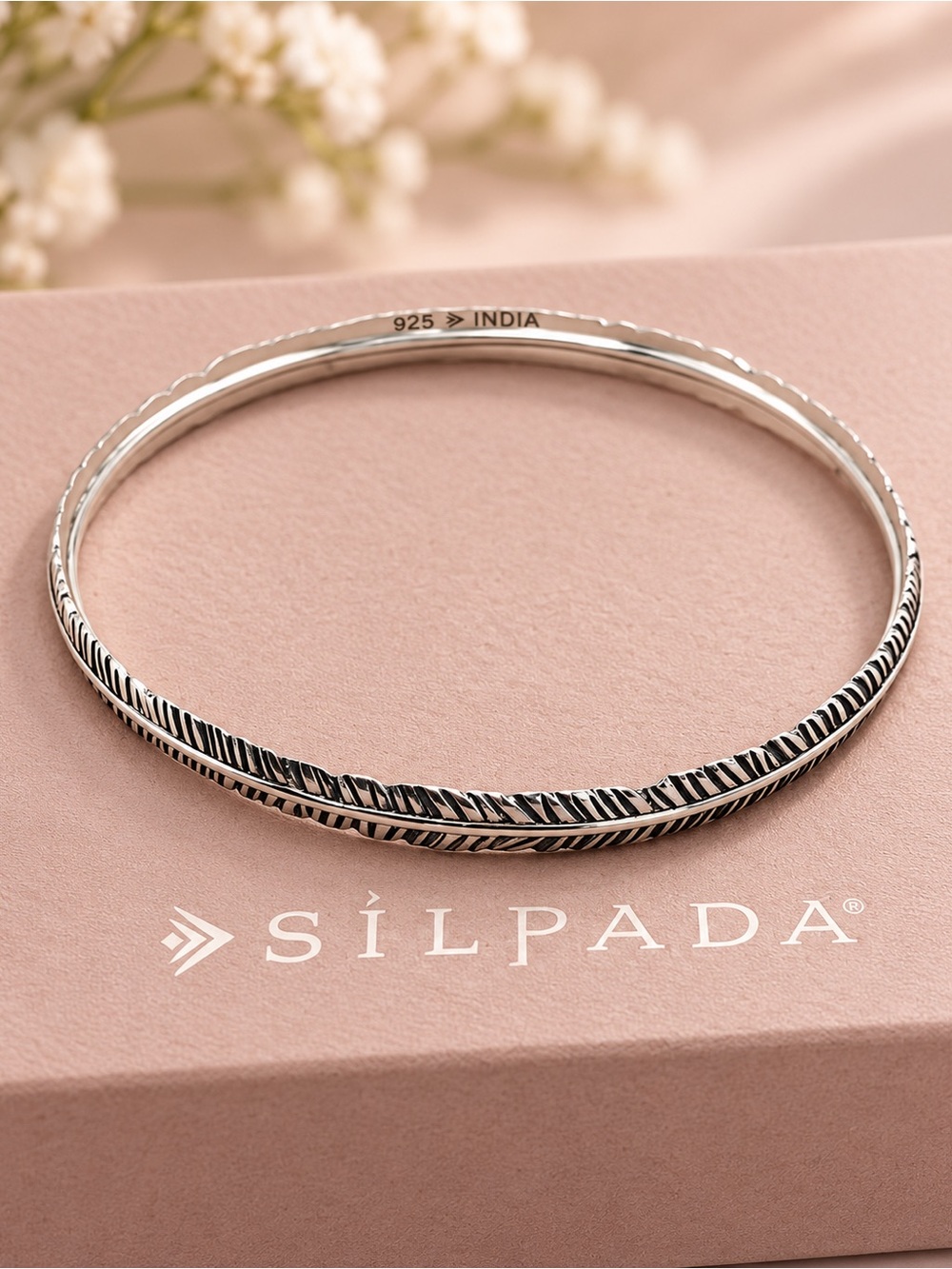 Silpada Vintage Sterling Silver Etched Feather Bangle Bracelet